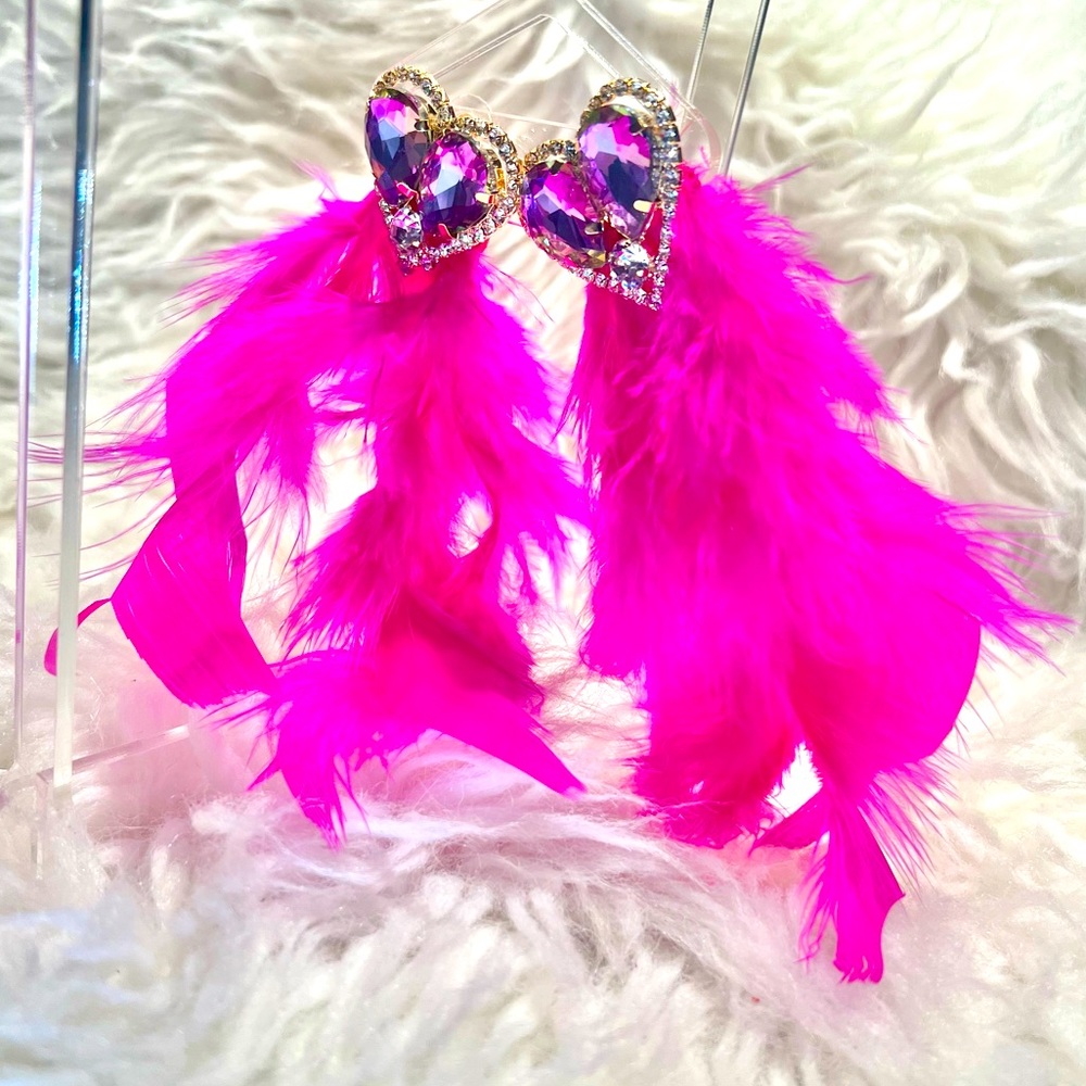 Hot Pink Heart Rhinestone and Feather Stud Earrings